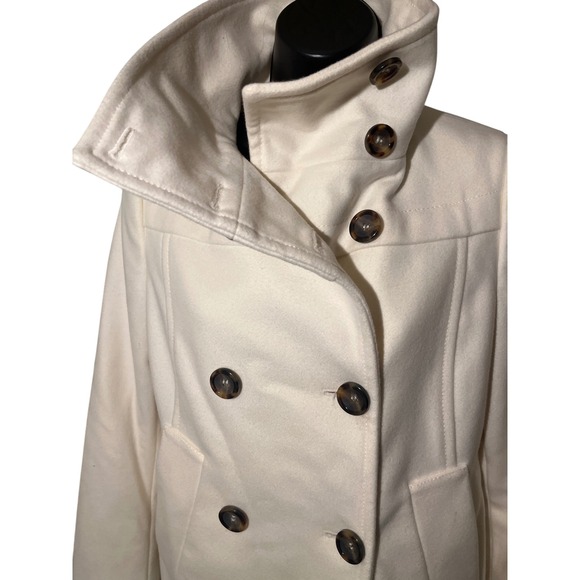 Cream Double Breasted Peacoat Hi Neck Button Up Warm Winter Coat wool blend SZ M - Picture 2 of 10